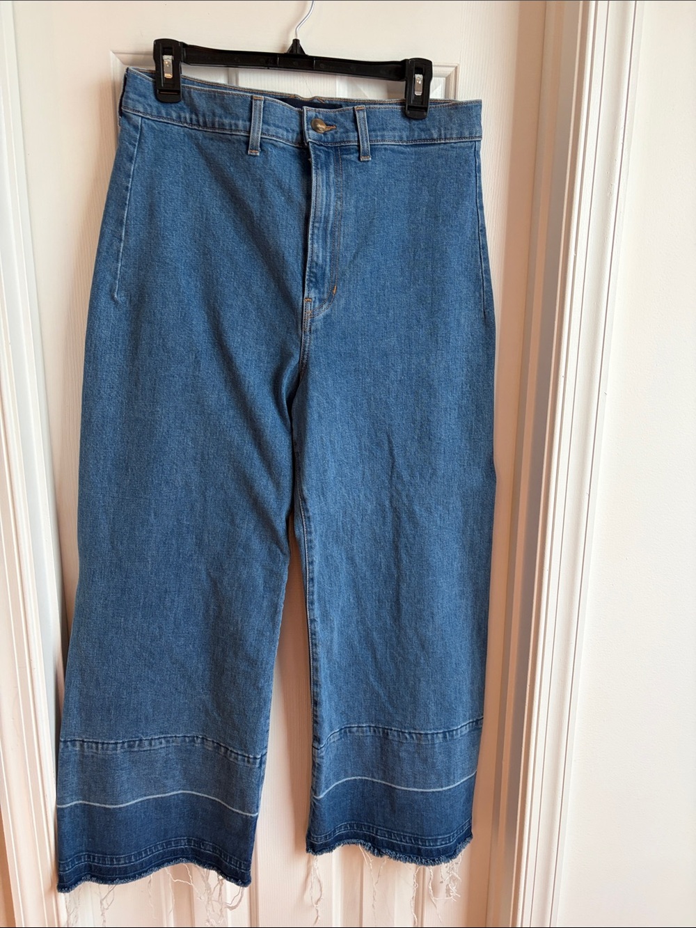 Veronica Beard Medium Blue High Rise Wide-Leg Jeans with Hem Detail